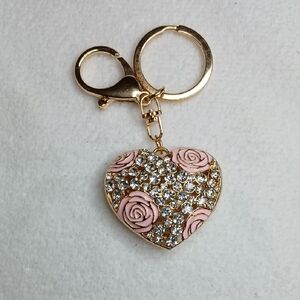 Chic Gold and Pink Rose Heart Cage Keychain Or Bag Charm